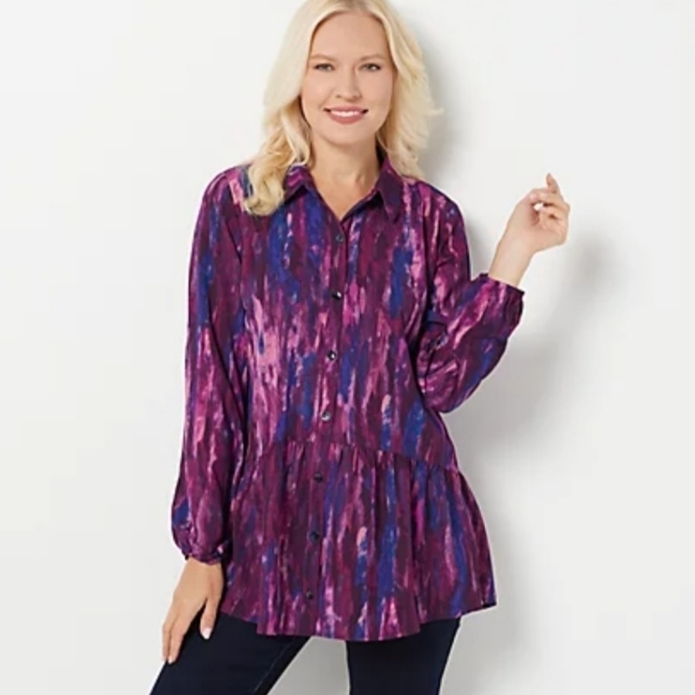 LOGO Lori Goldstein Stretch Woven Button Front